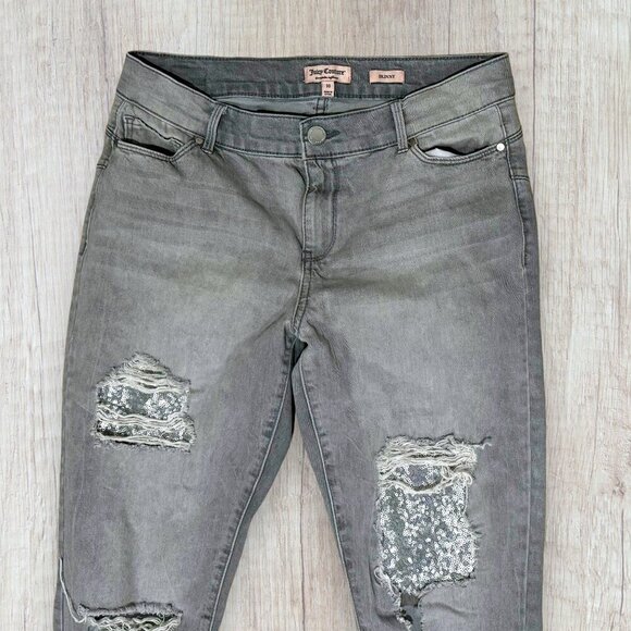 JUICY COUTURE Gray Flaunt It Distressed Sequin Mid Rise Skinny Denim Jeans 10 - Picture 3 of 6
